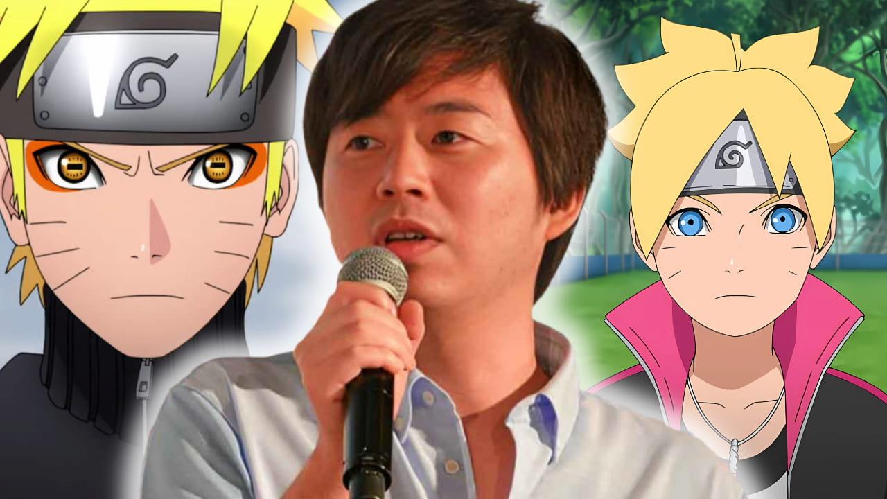 Masashi Kishimoto ao centro com Naruto à esquerda e Boruto à direita