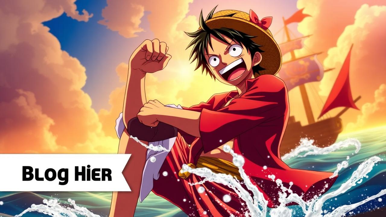 Ilustração estilo anime de Monkey D. Luffy em pose dinâmica com o Going Merry ao fundo