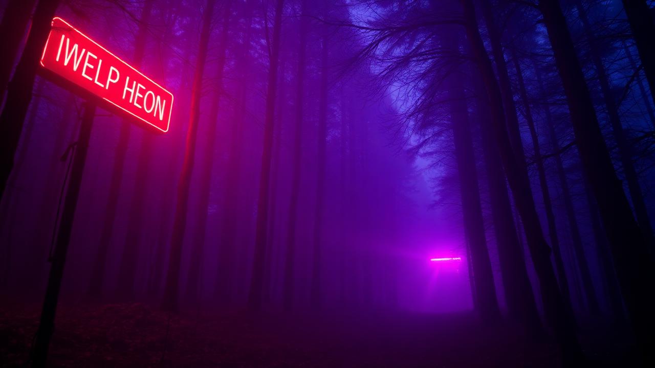 Floresta sombria com placa de neon vermelho em estilo Stranger Things, atmosfera vaporwave